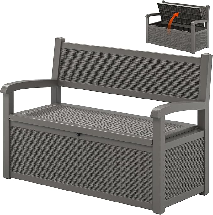 70 Gallon Outdoor Storage Bench Deck Box Lockable for Patio Furniture, Outdoor Porch Bench with Storage Waterproof for Cushions, Garden Tools and Pool Supplies, Grey-CasaMuseHome