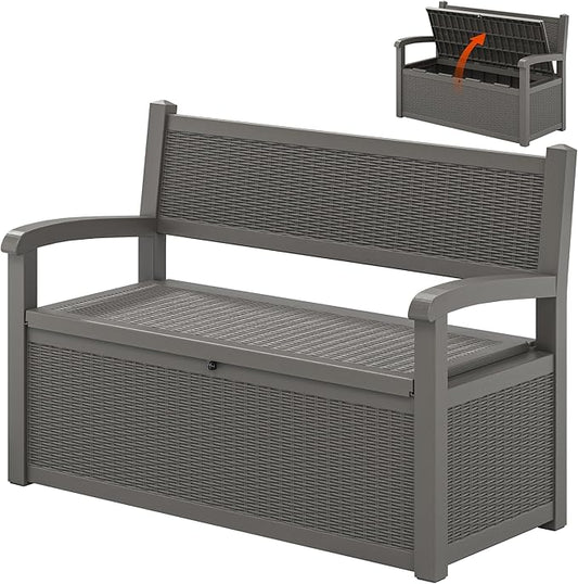 70 Gallon Outdoor Storage Bench Deck Box Lockable for Patio Furniture, Outdoor Porch Bench with Storage Waterproof for Cushions, Garden Tools and Pool Supplies, Grey-CasaMuseHome