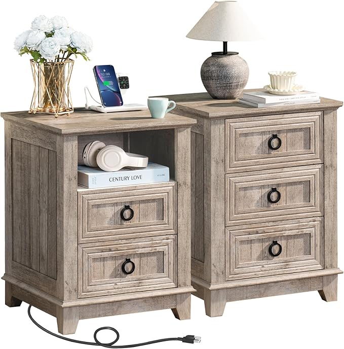 18" Farmhouse Night Stands Set of 2 with Charging Station, 2 & 3 Drawers End Table Dresser for Bedroom, Oak Wooden Nightstand, Bed Side Table with Open Shelf, Bedside Cabinet for Living Room-CasaMuseHome