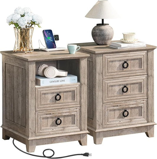 18" Farmhouse Night Stands Set of 2 with Charging Station, 2 & 3 Drawers End Table Dresser for Bedroom, Oak Wooden Nightstand, Bed Side Table with Open Shelf, Bedside Cabinet for Living Room-CasaMuseHome