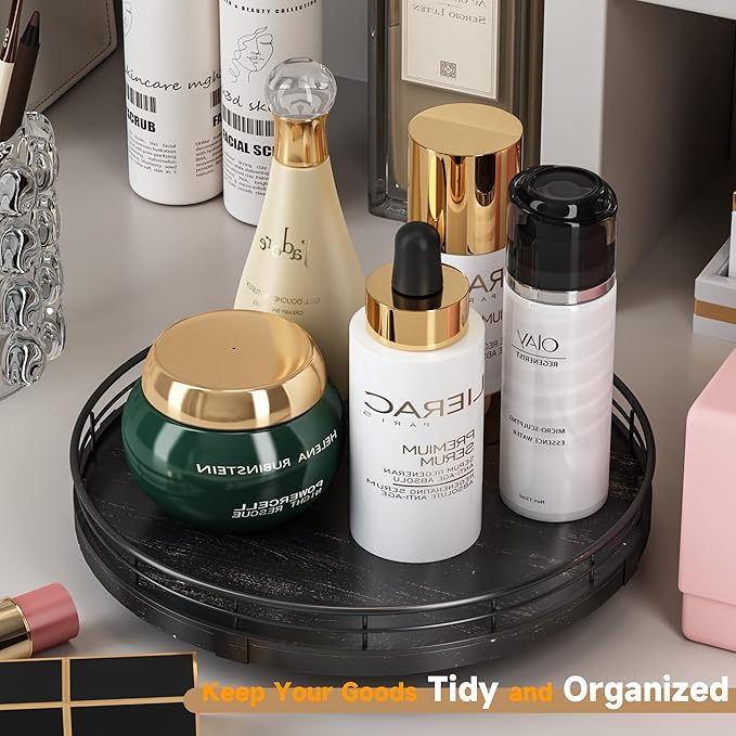10" Oak Bathroom Vanity Tray Turntable for Perfume Candle, Round Wooden Decorative Tray for Kitchen Sink Countertop Organizer, Bathroom Counter Organizer for Skincare Makeup, Farmhouse Black Gold-CasaMuseHome