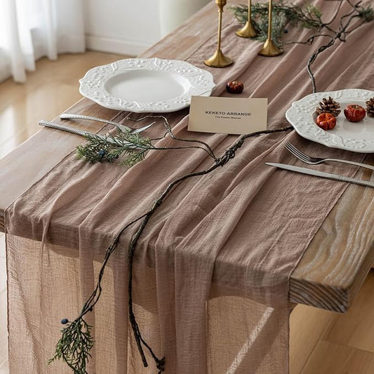 3pcs Nude Gauze Rustic Cheesecloth Table Runner 120 Inch 10 FT for Wedding Baby Shower Bridal Shower Birthday Engagement Garden Outdoor Party Long Sheer Boho Decorations-CasaMuseHome