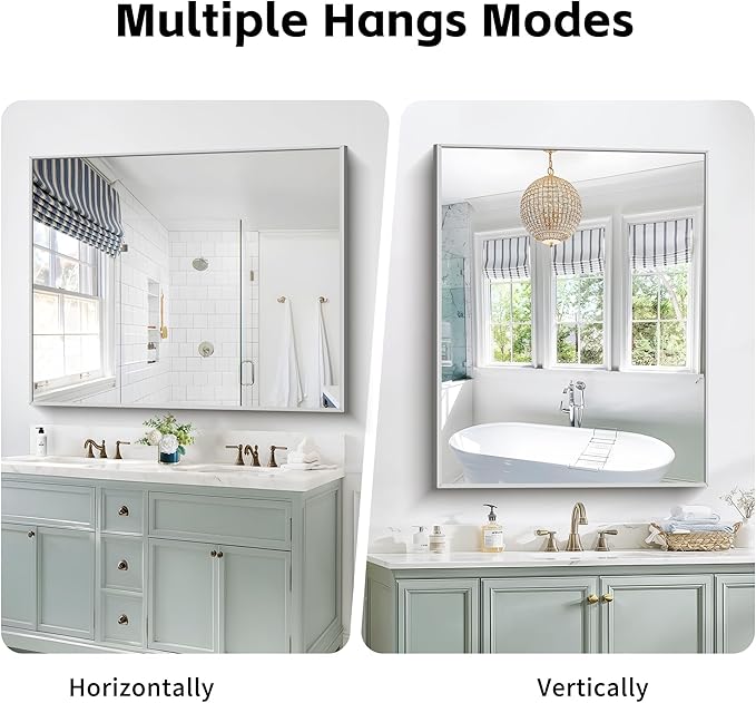 40x48inch Silver Bathroom Mirror, Silver Rectangle Mirror with Frame, Large Rectangular Wall Mirrors for Bathroom, Living Room, Hair Salon, Big Farmhouse Mirror Hang Horizontal/Vertical-CasaMuseHome