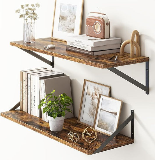 10 Inch Deep Floating Shelves, Floating Shelves 30 Inch Long, Rustic Wood Wall Shelves 30"W x 10"D, Deep Floating Shelf with Bracket, Wide Storage Shelves for Living Room, Bathroom, Rustic Brown-CasaMuseHome