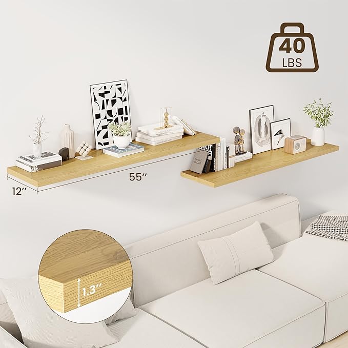 55" Floating Shelves for Wall, 12" Deep Slim Oak Floating Shelves, Wall-Mounted Shelves for Bedroom, Living Room, Kitchen, Bathroom - Set of 2-CasaMuseHome