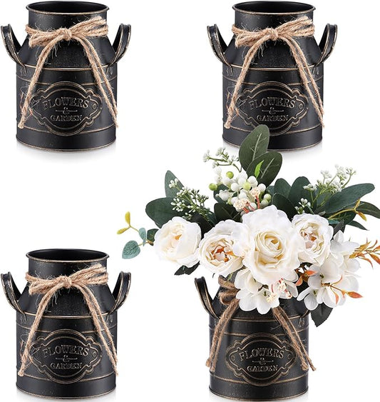 6 Inch Farmhouse Vase Decor Milk Can Vintage Flower Jug Galvanized Metal Vase with Handle Rustic Flower Buckets for Thanksgiving Christmas Table Centerpiece Weddings Gifts(Black,4 Pcs)-CasaMuseHome