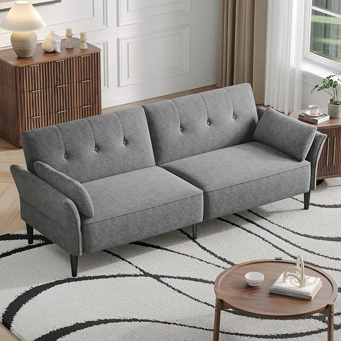 89” Futon Sofa Bed, Comfy Futon Couch Bed with 2 Square Pillows, Convertible Sleeper Sofa with Adjustable Backrest& Armrests, Modern Loveseat Sleeper for Living Room, Bedroom, Light Gray-CasaMuseHome