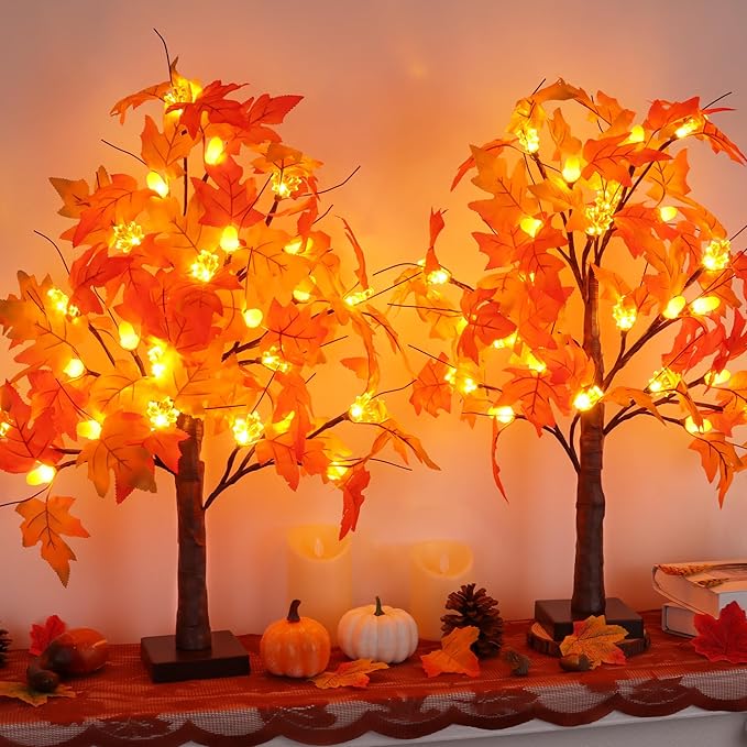 2 Pack 24 Inch Prelit Fall Maple Tree Fall Decor with 48 LEDs Timer Battery Operated Artificial Fall Light Up Tree Maple Acorn for Fall Thanksgiving Decorations Table Home Office Indoor Autumn Harvest-CasaMuseHome