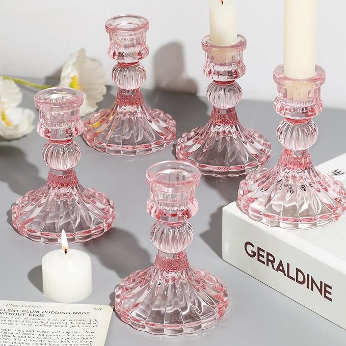 12PCS Pink Candlestick Holders Set- 4" H Taper Candle Holders, Glass Candle Holders Bulk for Wedding, Party, Home Table Centerpieces, Festival Gifts & Windowsill Decor-CasaMuseHome