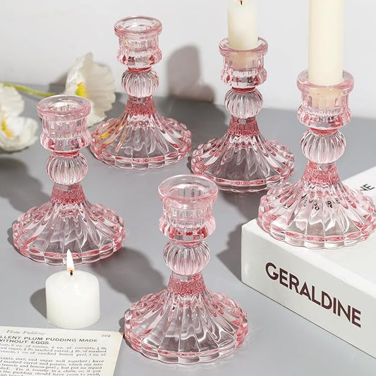 12PCS Pink Candlestick Holders Set- 4" H Taper Candle Holders, Glass Candle Holders Bulk for Wedding, Party, Home Table Centerpieces, Festival Gifts & Windowsill Decor-CasaMuseHome