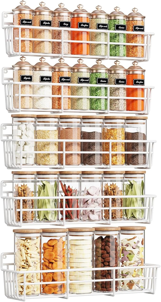 5 Pack Spice Rack Seasoning Organizer Wall Mount, Screw or Adhesive Hanging Shelf Basket Spice Organizer Shelf for Kitchen, White-CasaMuseHome