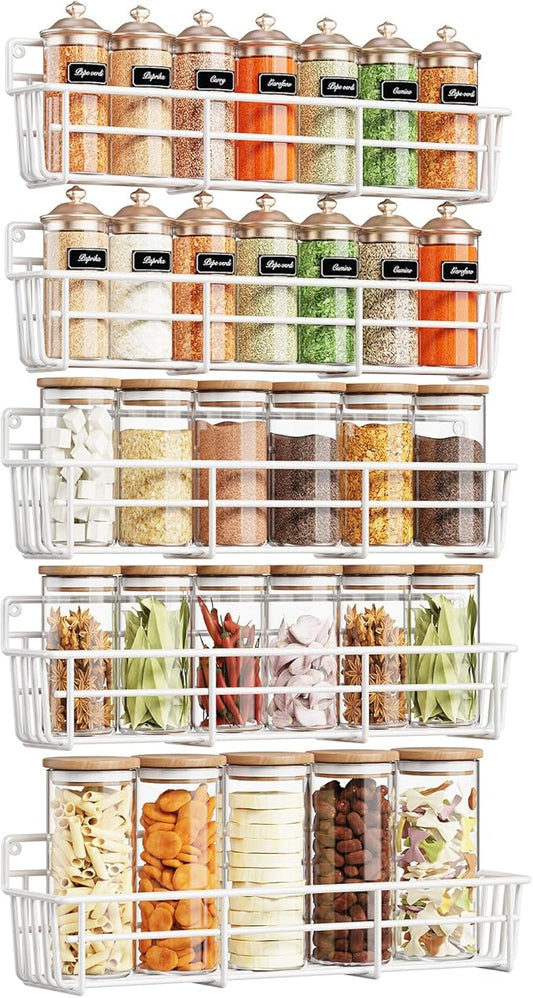 5 Pack Spice Rack Seasoning Organizer Wall Mount, Screw or Adhesive Hanging Shelf Basket Spice Organizer Shelf for Kitchen, White-CasaMuseHome