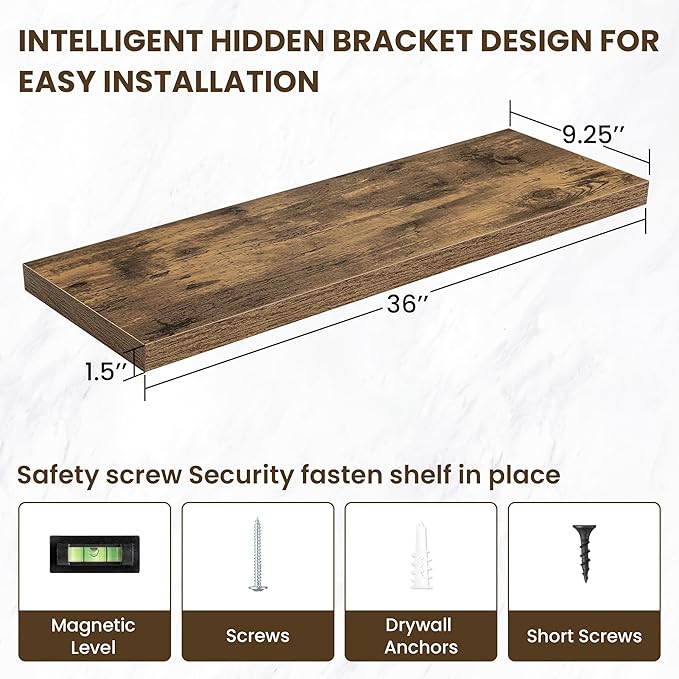 36 Inch Floating Shelves, 12 Inch Deep Floating Shelves for Wall, Floating Shelf with Invisible Brackets, Deep Shelves for Bathroom, Bedroom, Living Room, 2 Pack, Brown-CasaMuseHome