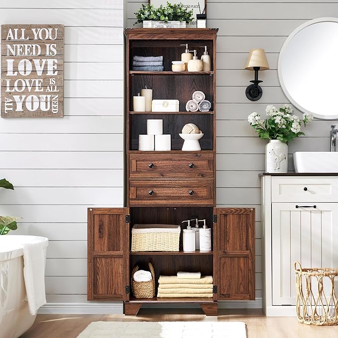 72" Tall Bathroom Storage Cabinet, Farmhouse Storage Cabinet with Adjustable Shelves, Barn Door & 2 Drawers, Cabinet for Bathroom, Living Room & Kitchen, Brown-CasaMuseHome