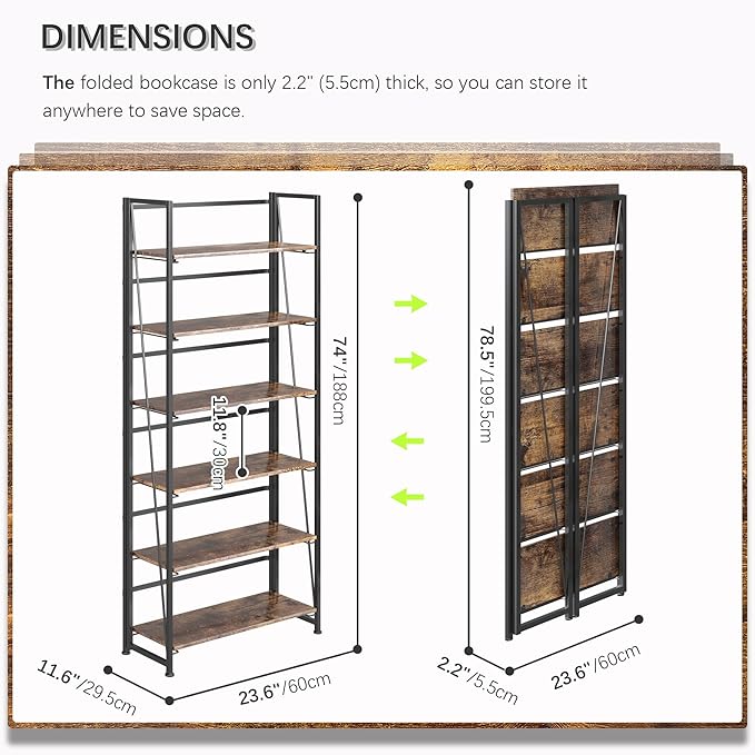4NM No Assembly Foldable Bookshelf, 6-Shelf Collapsible Bookcase Storage for Small Spaces, 74" H, Rustic Brown and Black-CasaMuseHome