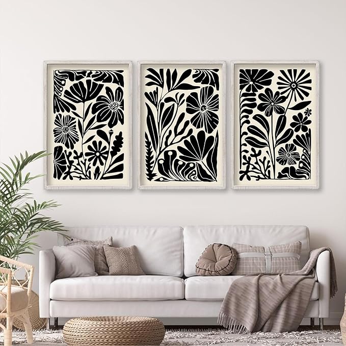 Abstract Floral Botanical Wall Art 16x11 Inch 3 Piece Black Vintage Boho Plant Flower Minimalist Wood Frame Sign Home Living Room Family Office Mid Century Print Wall Hanging Decor (White)-CasaMuseHome