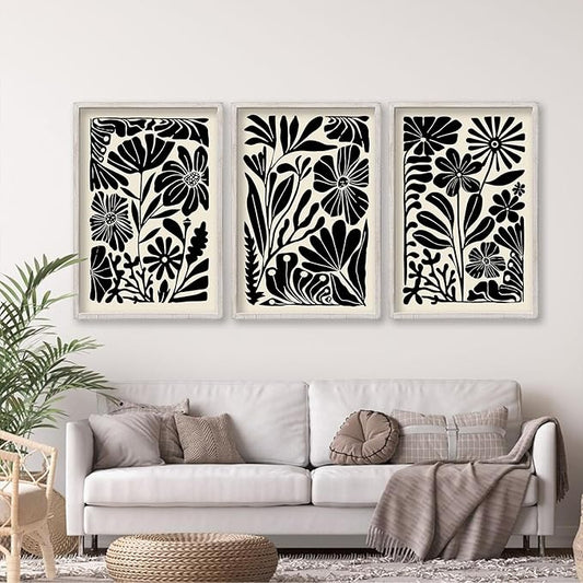Abstract Floral Botanical Wall Art 16x11 Inch 3 Piece Black Vintage Boho Plant Flower Minimalist Wood Frame Sign Home Living Room Family Office Mid Century Print Wall Hanging Decor (White)-CasaMuseHome