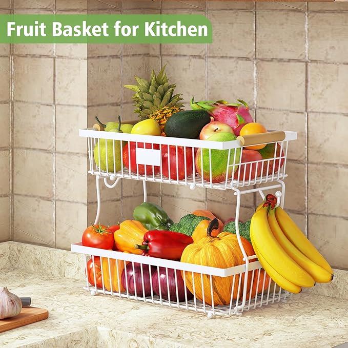 2 Tier Fruit Basket for Kitchen Counter with 2 Banana Hangers, Countertop Metal Fruit Bowl with Wooden Handle, Large Storage Stand for Vegetables, Snacks, Breads, Produce Storage – White-CasaMuseHome
