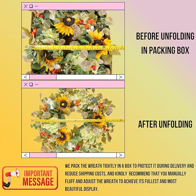 20IN Sunflower Wreath for Front Door Summer Hydrangea Wreath with Eucalyptus Leaves Orange Berries Farmhouse Door Decor for Easter, Mother’s Day, Indoor Outdoor Seasonal Wall Hanging-CasaMuseHome