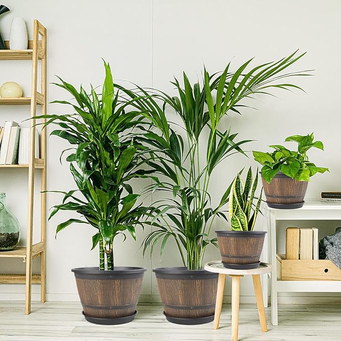 16-inch-Plant-Pots-Indoor-Outdoor, 4 Pack Large Whiskey Barrel Planters with Drainage Holes & Saucer, Plastic Flower Pots Imitation Wine Barrel Design, Decorative Garden Pots for Plants-CasaMuseHome