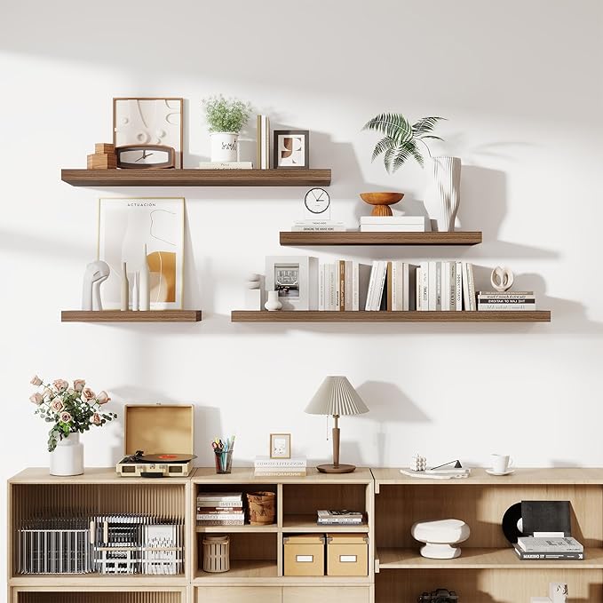 24 Inch Floating Shelves, 12 Inch Deep Floating Shelves for Wall, Floating Shelf with Invisible Brackets, Deep Shelves for Bathroom, Bedroom, Living Room, 2 Pack, Walnut-CasaMuseHome