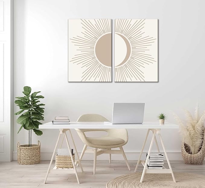 2Pcs Minimalism Boho Canvas Wall art Mid Century Modern Beige and White Sun and Moon Geometric Abstract Painting Pictures Wall Decor Posters Print Artwork for Bedroom Living Room Decoration-CasaMuseHome