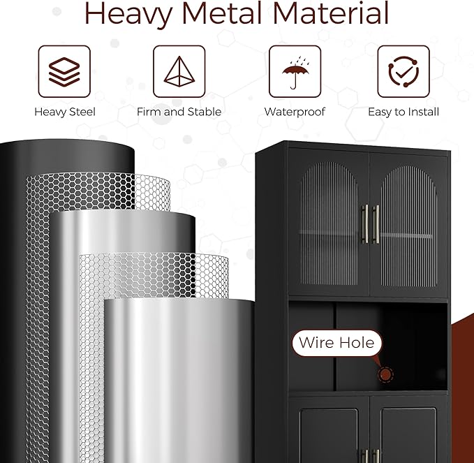 75" Tall Kitchen Pantry Cabinet, Metal Storage Cabinets with Acrylic Doors and Adjustable Shelves, Hutch Cabinet with Storage, Black Microwave Stand Cabinets for Dining Living Room-CasaMuseHome