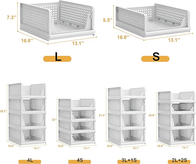 4 Pack Stackable Plastic Storage Basket Closet Organizer Bin Foldable Clothes Organizer Storage Drawer Shelf Container for Living Room Bathroom Kitchen Office (4S)-CasaMuseHome