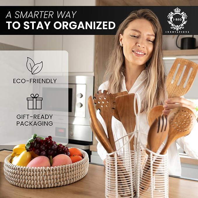 360° Rotating Kitchen Utensil Holder- 3 Compartment Organizer with Cork Bottom | Includes Premium 9-Piece Acacia Wood Utensil Set | Professional Luxury Design | Metal Utensil Crock (Matte white)-CasaMuseHome