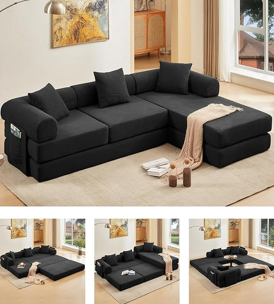 107" Oversized Convertible Sleeper Sofa Bed, Corduroy L Shape Sectional Couch, Folding Sofa Bed with Side Pocket, Modern Cloud Floor Mattress Couch, Modular Sofa for Living Room, Black-CasaMuseHome