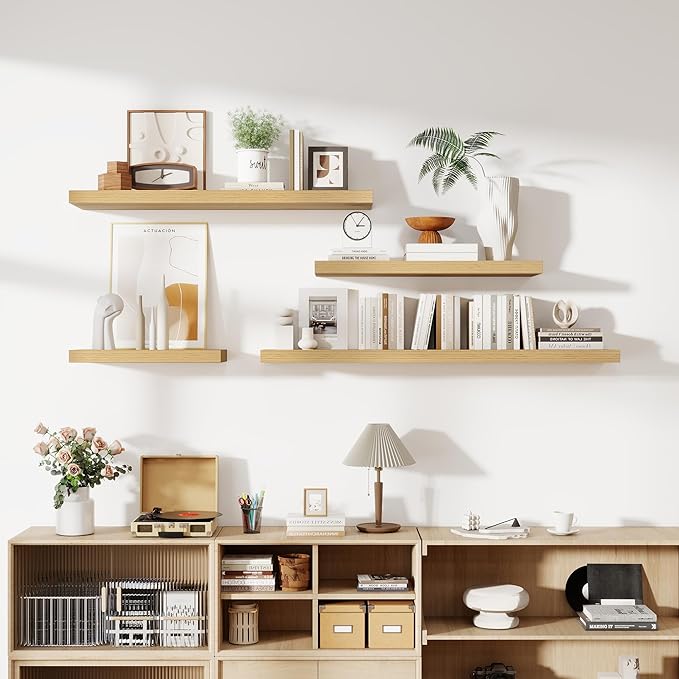 24 Inch Floating Shelves, 12 Inch Deep Floating Shelves for Wall, Floating Shelf with Invisible Brackets, Deep Shelves for Bathroom, Bedroom, Living Room, 2 Pack, Natural-CasaMuseHome