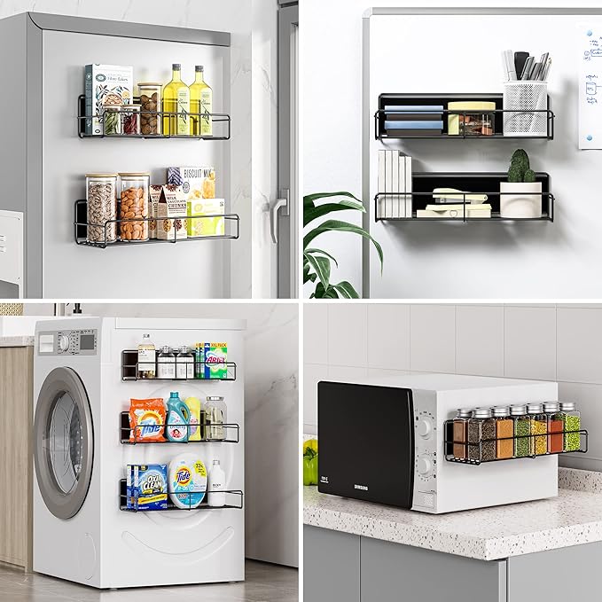 3 Pack Magnetic Spice Rack Organizer, Space Saver for Refrigerator and Whiteboard, Metal Fridge Shelf for Kitchen and Classroom, Black-CasaMuseHome
