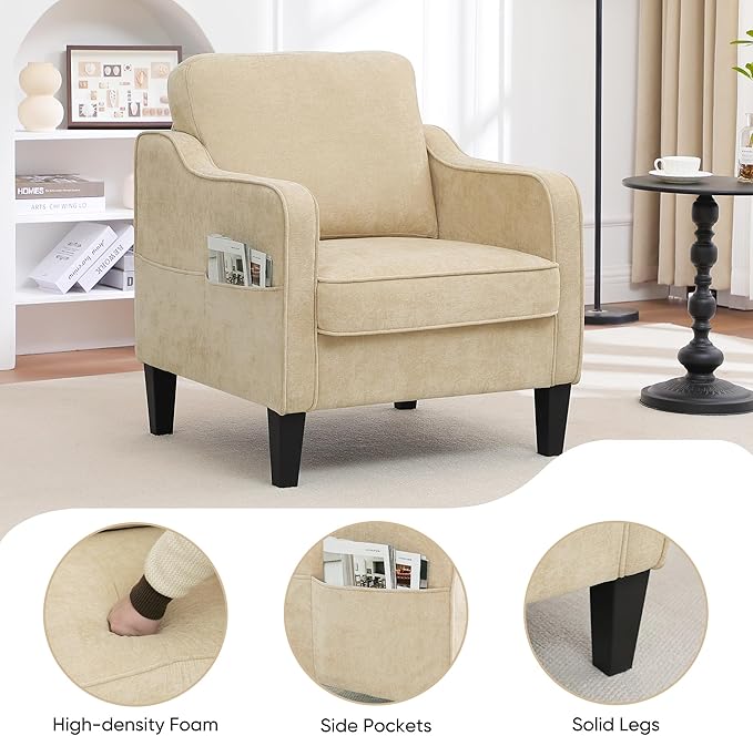 Accent Chairs Set of 2, Upholstered Living Room Chair with Side Pockets, Mid Century Modern Reading Chair for Bedroom, Comfy Armchair Single Sofa Side Chair for Office, Small Room, Light Brown-CasaMuseHome