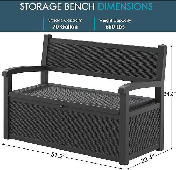 70 Gallon Storage Bench Deck Box for Patio Furniture with Armrest Bench Outdoor Storage-CasaMuseHome