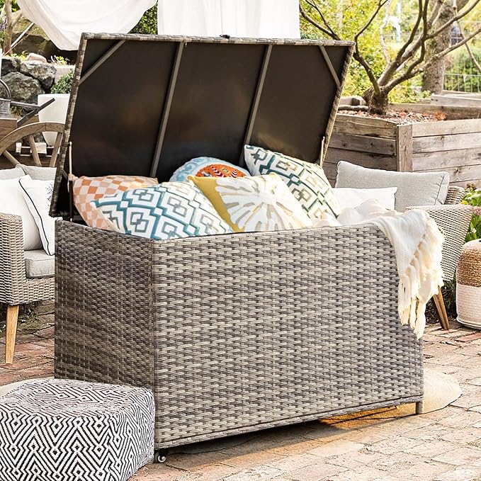 178 Gallon Outdoor Storage Box, Patio Deck Box with 2 Wheels, Handle Large Portable Wicker Rattan Deck Box for Patio Furniture Cushions, Throw Pillows, Garden Tools and Pool Floats (Gray)-CasaMuseHome