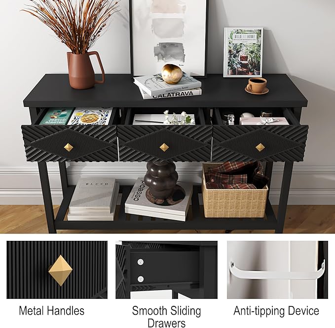47" Console Table with 3 Drawers, Fluted Narrow Long Entryway Table with Storage Shelf, Accent Table for Entryway, Living Room, Behind Couch, Foyer, Hallway, Office-CasaMuseHome