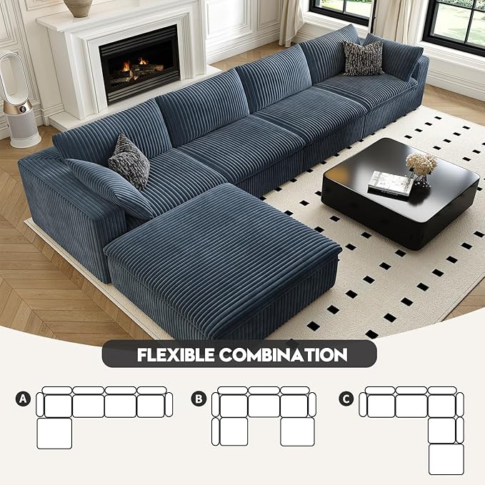 157.5" Cloud Couch Modular Sectional Sofa for Living Room,Modern Sofa with Deep Seat，L-Shape Boneless Couch with Ottoman,Comfy Upholstered Corduroy Couches for Apartment, Studio, Office,Bedroom，Blue-CasaMuseHome