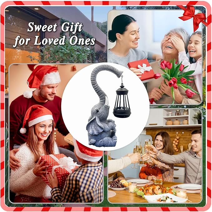 10.6 Inch Statue Elephant with Solar Outdoor Lights for Garden Decor，Lucky Present with Appeal for Birthdays(Man and Women and Family)，Unique Housewarming Presents and Yard Decor. (Gray)-CasaMuseHome