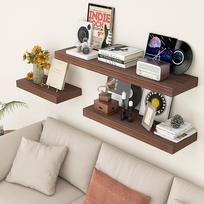 12 Inch Deep Floating Shelves, 48W x 12D Rustic Large Floating Shelves, Deep Walnut Wood Wall Shelves Set of 1 for Living Room Bathroom Laundry Room Bedroom Kitchen Home Office - Walnut-CasaMuseHome