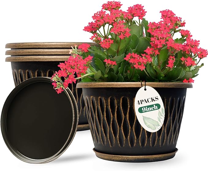 4 Pack 9 Inch Retro Plant Pots, Vintage Striped Flower Pots with Drainage Hole & Saucer, Large Plastic Planters for Indoor and Outdoor Plants, Decorative Garden Pots(Gold)-CasaMuseHome
