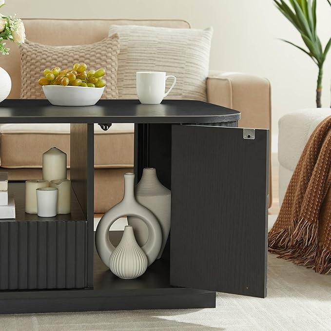 46.5" Oval Coffee Table with Drawers and Storage Mid Century Modern Fluted Solid Wood Side Coffee Tables, Luxury Tea Table Center Table for Living Rooms Offices Apartmen, Black-CasaMuseHome