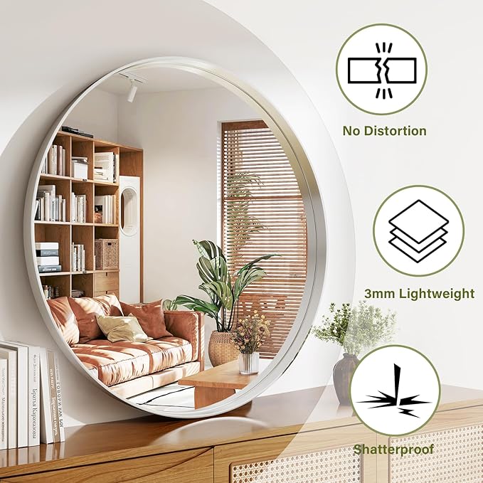 48 Inch Round Bathroom Mirror - Wall Mounted Circle Mirror with Metal Frame, Modern Mirror Suitable for Bathroom, Vanity, Entryway, Living Room, Wall Decor,Silver-CasaMuseHome