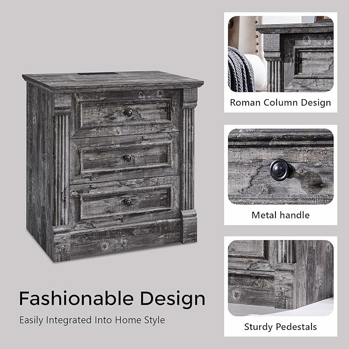 26" Tall Farmhouse Nightstand Set of 2, 3 Drawers End Table w/Charging Station, 23.6" Wide Large Side Table w/Roman Column, Wood Rustic Sofa Table for Bedroom, Light Gray-CasaMuseHome