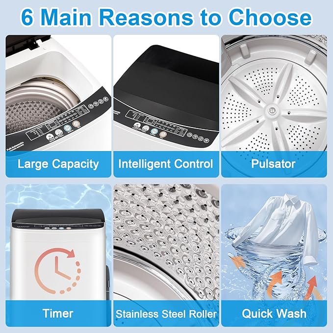 17Lbs Portable Washing Machine with10 Washing Programs, 2.2 Cu. Ft. Full Automatic Washer and Spinner Combo, Compact Laundry Washer Spinner for Apartment RV Dorm (2.2Cu. Ft)-CasaMuseHome