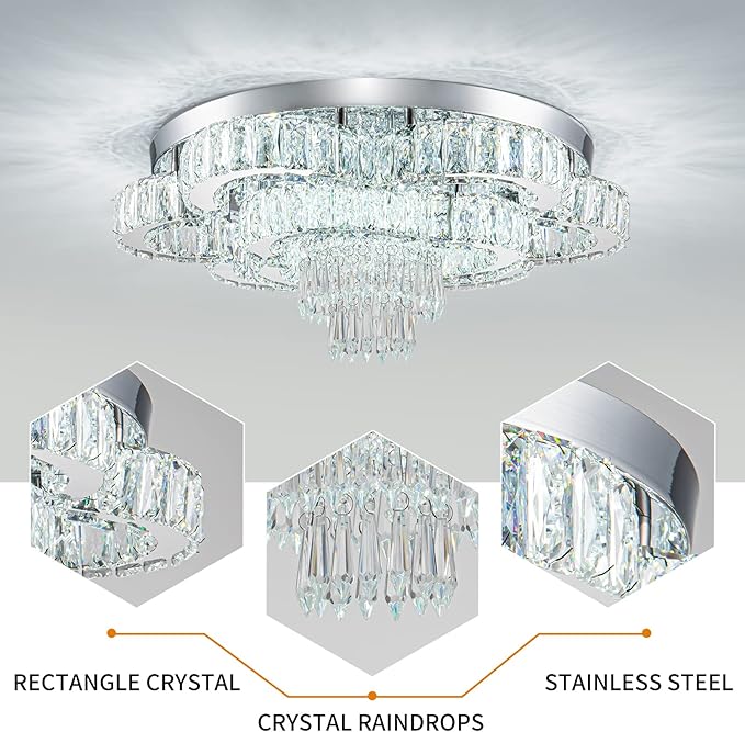 21 Inch Crystal Chandeliers with Remote Control LED Chandelier Modern Mount Flush Mount Chandelier Ceiling Light Fixtures for Bedroom Living Room Dining Room(Dimmable)-CasaMuseHome