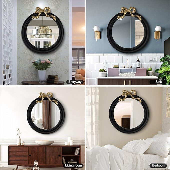 25x25 inch Bow Antique Round Mirror for Wall, Gold & Black Decorative Wall-Mounted Circle Mirror, Perfect for Bedroom, Hallway, Living Room Décor, and Bathroom Vanity-CasaMuseHome