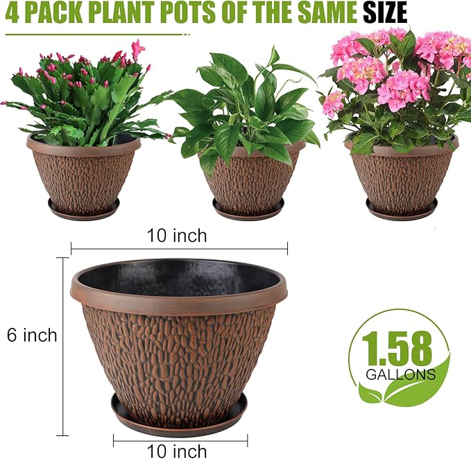 4 Pack 10 Inch Plant Pot, Flower Pots Outdoor with Drainage Hole & Tray, Thickened Plastic Planters for Indoor Outdoor Plants, Lightweight Modern Decorative Garden Pot with Saucer-CasaMuseHome