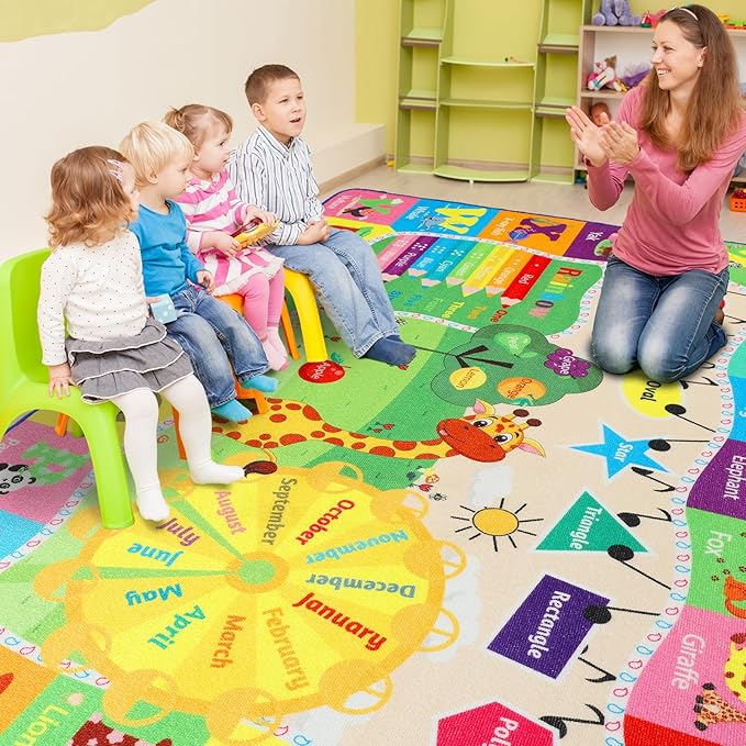 7x10 Playroom Rugs for Kids Washable, Educational and Fun Playmat with ABC Alphabet Animals Shapes Colors, Non-Slip Play Mat Learning Rugs for Baby Toddler Children Game Activity-CasaMuseHome