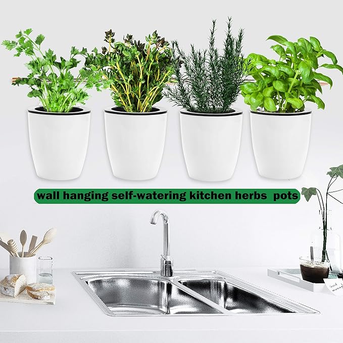 3 Pack Self Watering Wall Hanging Planter Pots Vertical Garden Window Hang Mount Indoor Outdoor Plant Flower Basket for Kitchen Herbs Balcony Railing Shelf Fence Bedroom Trellis Decor Modern White Box-CasaMuseHome