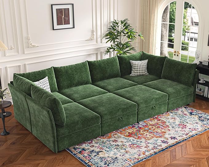 136.4" Oversized Modular Sectional Sofa, U Shaped Convertible Couch with Movable Ottoman, Large 7 Seat Corner Couches for Living Room Deep Seat Green Chenille-CasaMuseHome